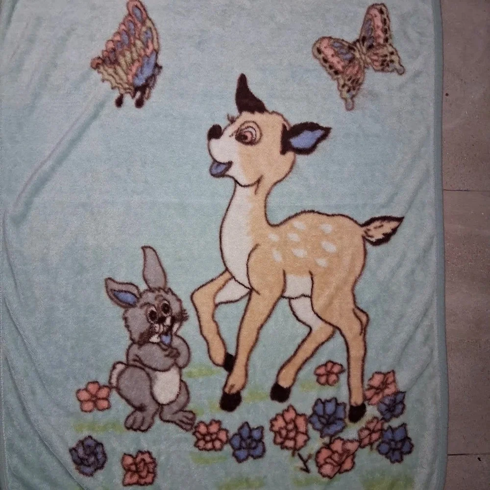 Flaw ** Vtg Light Green Bambi Deer Bunny Butterfly Throw Blanket 40x60 Soft‎